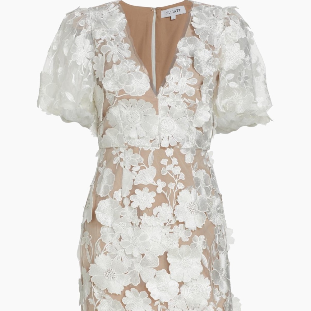 Elliatt Zayla Floral Lace Puff-Sleeve Mini Dress (Size: M - Color: Ivory Nude)